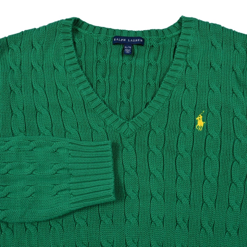 Polo Ralph Lauren Women's Green Cable Knit Long Sleeve V Neck Sweater Preppy XL